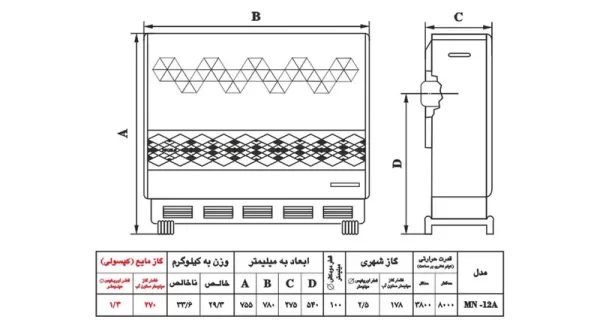 بخاری گازی نیک کالا 12000 مدل مرجان الماسه MN12A