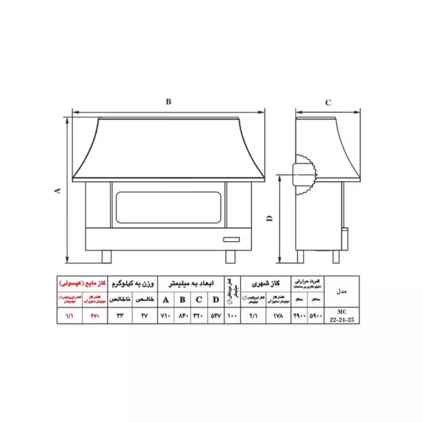 بخاری گازی شومینه ای نیک کالا 24000 مدل آذر MC24